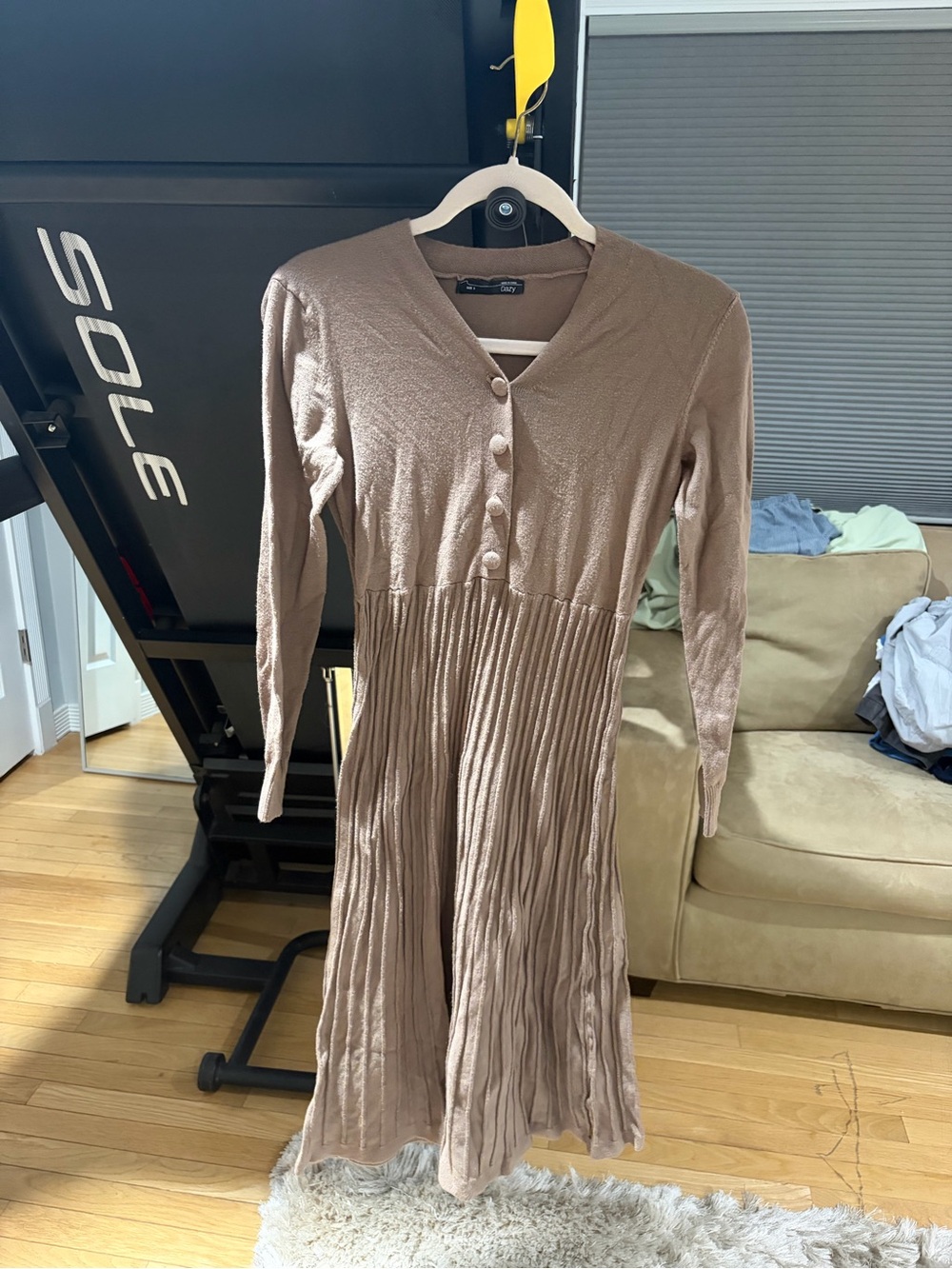 Long-Sleeve Pleated Midi Dress in Taupe